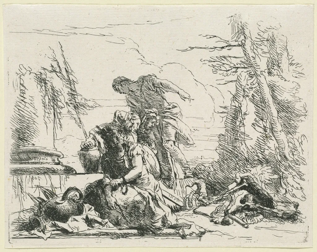 Women and Men Regarding a Burning Pyre of Bones, by Giovanni Battista Tiepolo, ink
