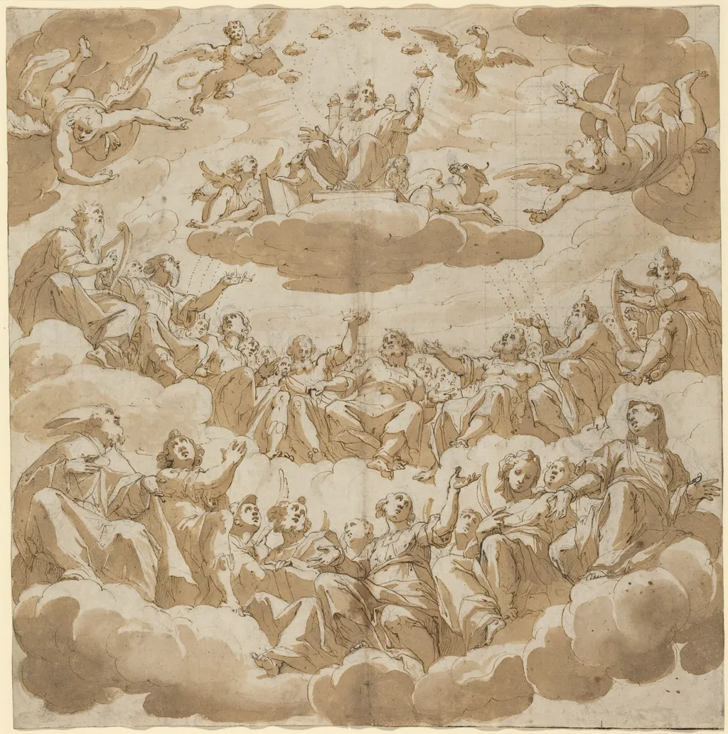God Enthroned Surrounded by Saints, by Giovanni Battista Trotti, ink, 1588