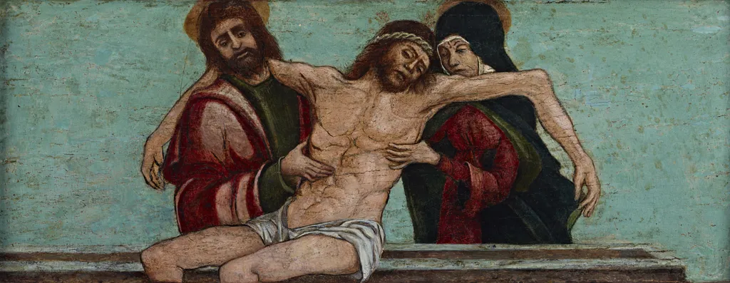 Pietà with Saint John the Evangelist, by Giovanni Bellini, tempera, 1455