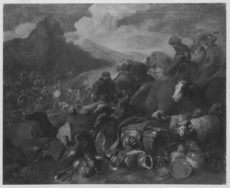 Abraham besiegt die Ehamiter, by Giovanni Benedetto Castiglione, unspecified, 1636