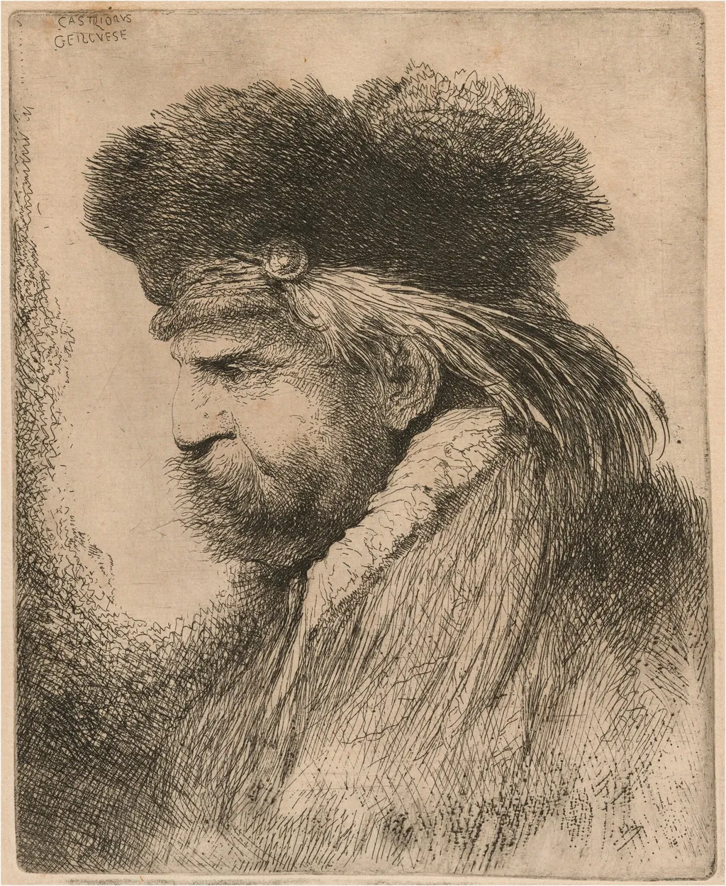 Bearded Man in a Fur Cap, Facing Left, by Giovanni Benedetto Castiglione, ink, 1646