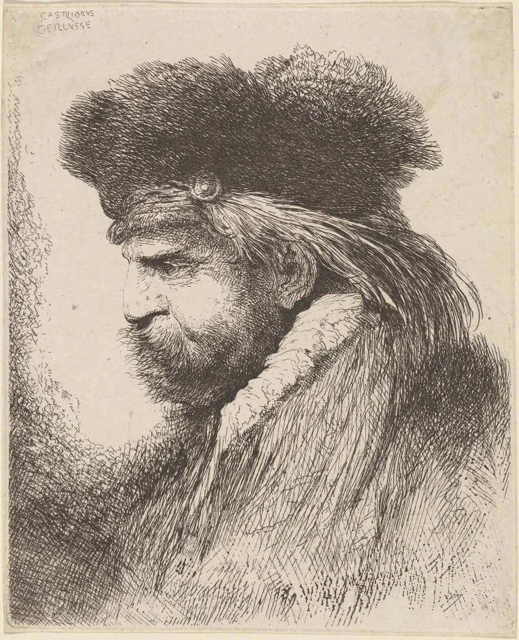 Bearded Man in a Fur Cap, Facing Left, by Giovanni Benedetto Castiglione, ink, 1646
