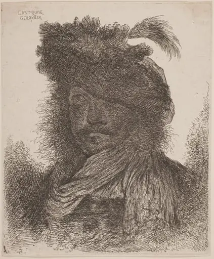 Bearded Man with Shadowed Face, Wearing a Scarf and a Plumed Hat, by Giovanni Benedetto Castiglione