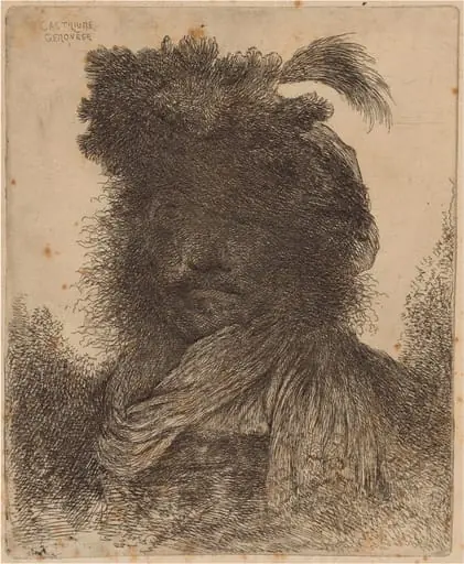 Bearded Man with Shadowed Face, Wearing a Scarf and a Plumed Hat, by Giovanni Benedetto Castiglione