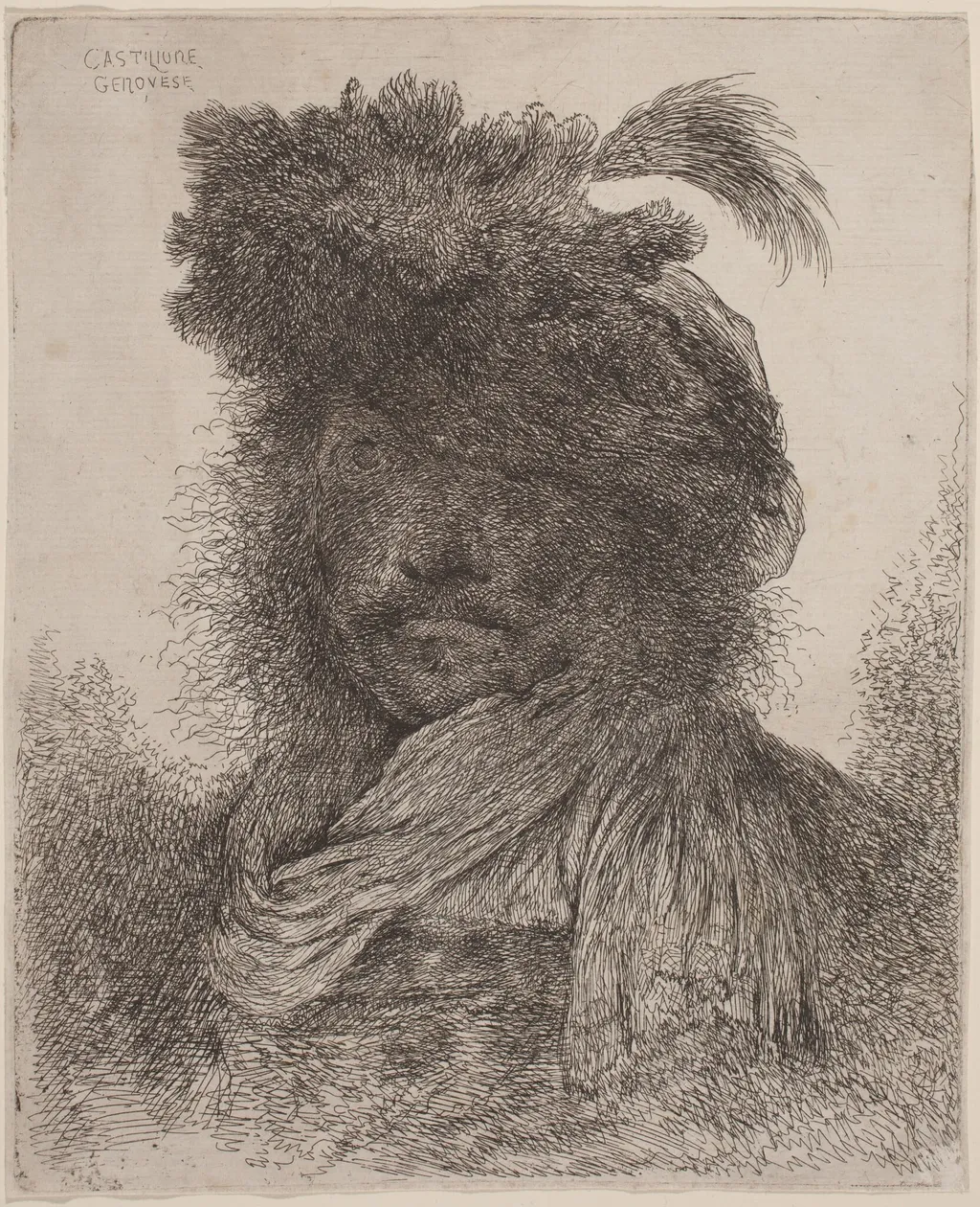 Bearded Man with Shadowed Face, Wearing a Scarf and a Plumed Hat, by Giovanni Benedetto Castiglione, ink, 1646