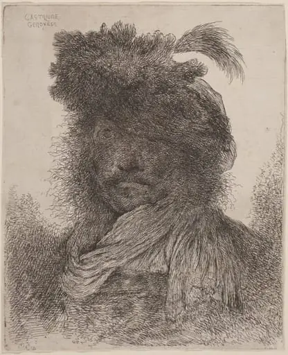 Bearded Man with Shadowed Face, Wearing a Scarf and a Plumed Hat, by Giovanni Benedetto Castiglione