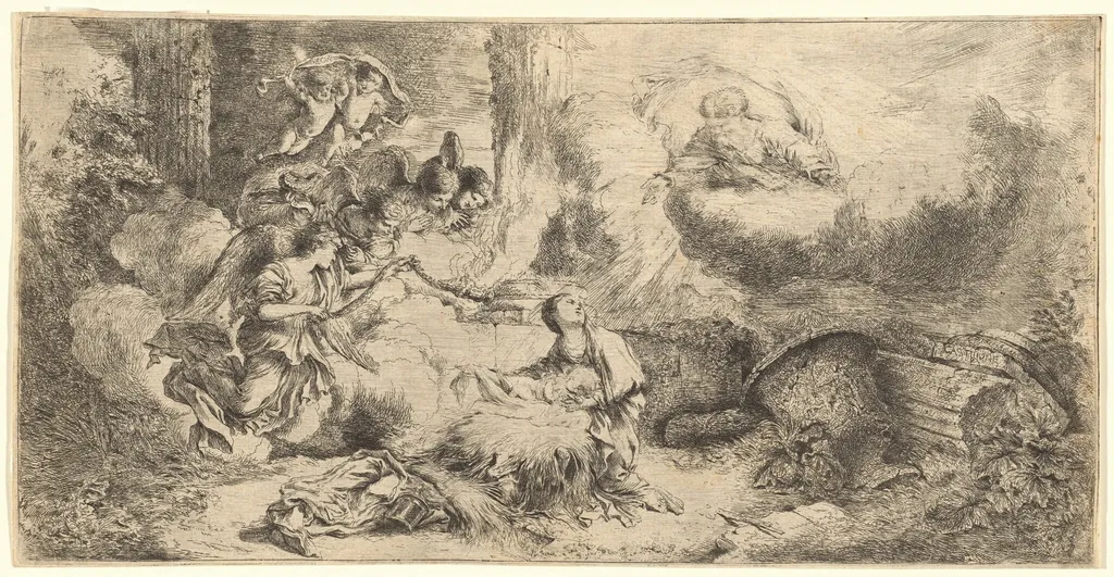 God the Father and Angels Adoring the Christ Child, by Giovanni Benedetto Castiglione, ink, 1655