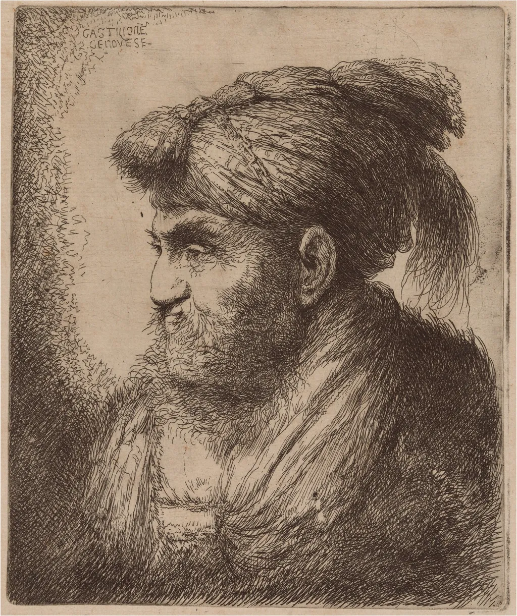 Man with a Beard and a Tassled Headdress, Facing Left, by Giovanni Benedetto Castiglione, ink, 1646