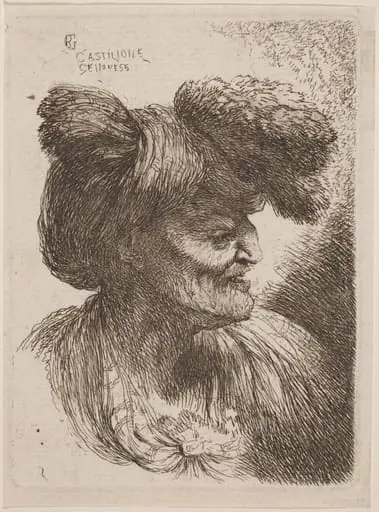 Old Man Wearing a Turban Ornamented with Fur, Facing Right, by Giovanni Benedetto Castiglione