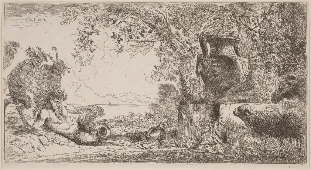 Pan Reclining before a Large Vase, by Giovanni Benedetto Castiglione, ink, 1642