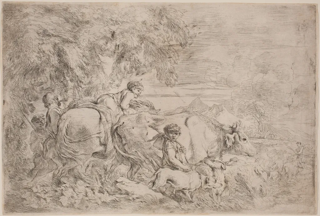 Shepherds Following Their Flock, by Giovanni Benedetto Castiglione, ink, 1655