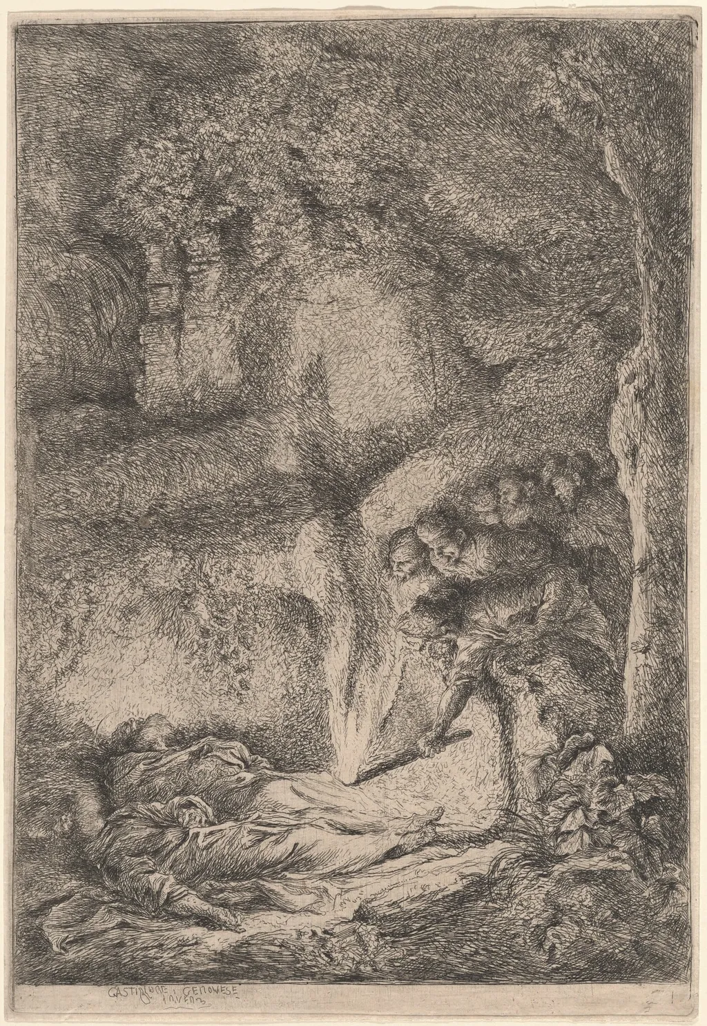 The Bodies of Saints Peter and Paul Hidden in the Catacombs, by Giovanni Benedetto Castiglione, ink, 1646