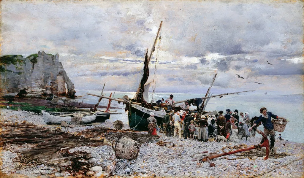 The Return of the Fishing Boats, Étretat, by Giovanni Boldini, oil, 1890
