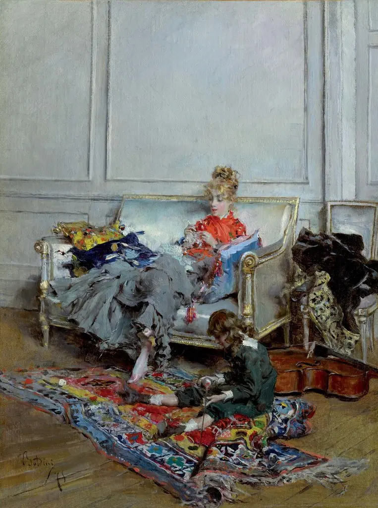 Young woman crocheting, by Giovanni Boldini