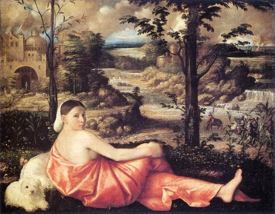 Reclining Woman in a Landscape, by Giovanni Cariani, oil, 1520