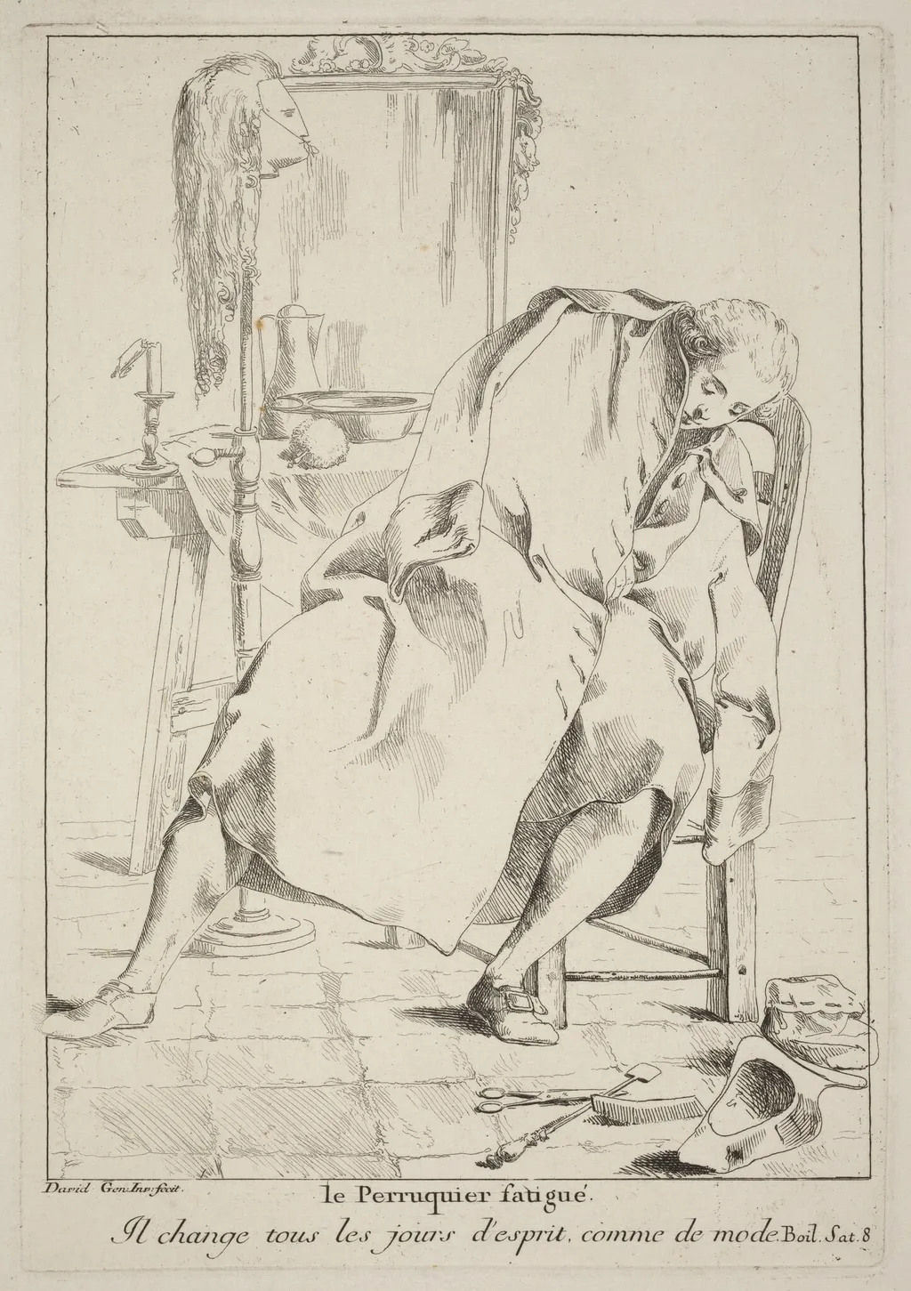 Le Perruquier fatigué (The Tired Wigmaker), by Giovanni David, ink, 1775