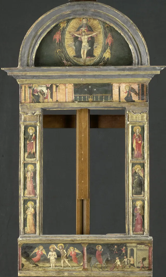 Frame painted with the annunciation, the baptism of Christ, the entry into Jerusalem, the Saints Cecilia and Catharina, and 4 angels making music