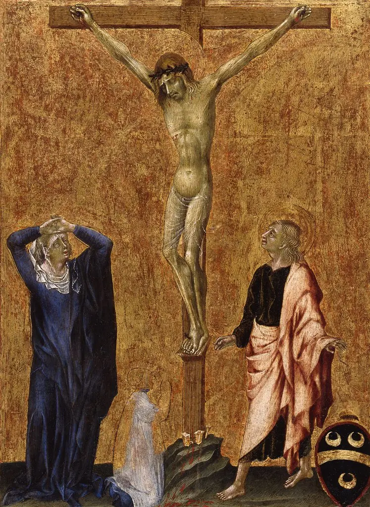 Christ on the cross between Mary and John with a kneeling Dominican, by Giovanni di Paolo