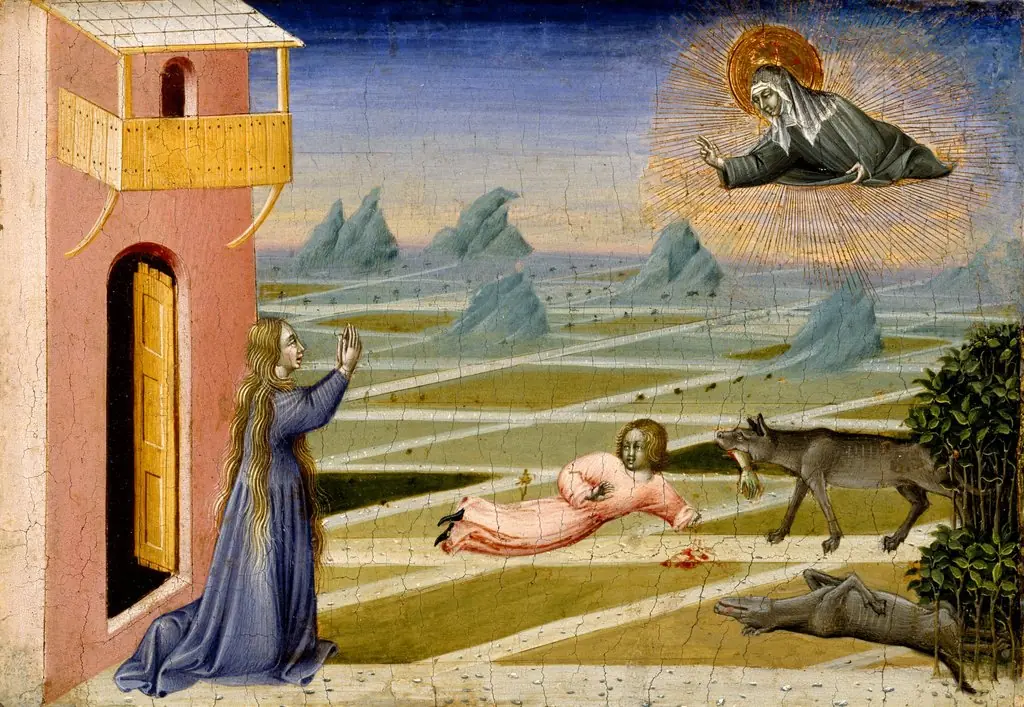 Saint Clare Rescuing a Child Mauled by a Wolf, by Giovanni di Paolo