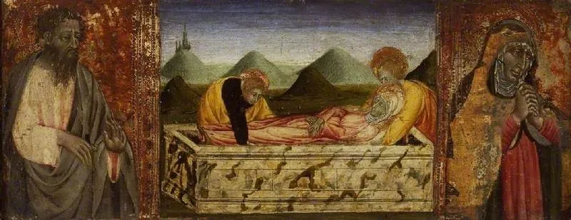 The Entombment of the Virgin; (left) St Bartholomew; (right) A female Saint, by Giovanni di Paolo, tempera, 1455