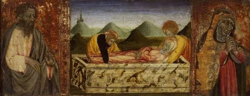 The Entombment of the Virgin; (left) St Bartholomew; (right) A female Saint, by Giovanni di Paolo