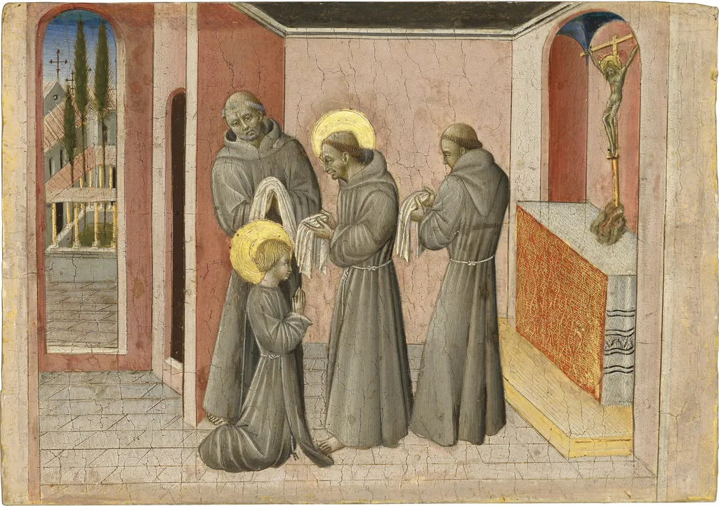 The Investiture of Saint Clare: the Saint receiving the clothes of her Order from Saint Francis, by Giovanni di Paolo, unspecified, 1457