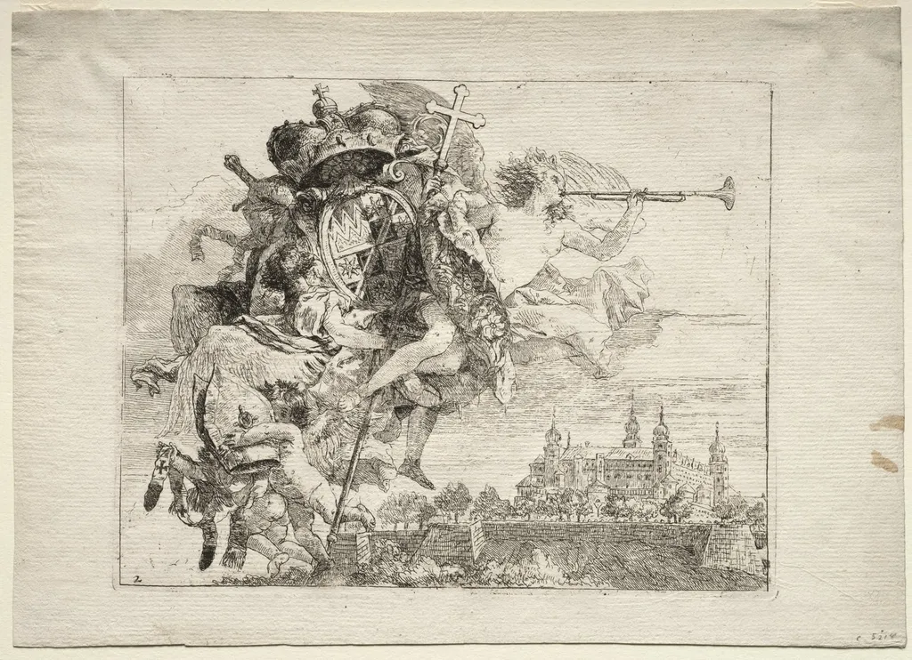 Flight into Egypt: Dedication with Winged Figure of Fame bearing the Arms of the Prince-Bishop of Wurzburg, by Giovanni Domenico Tiepolo, 1752