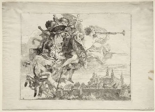 Flight into Egypt: Dedication with Winged Figure of Fame bearing the Arms of the Prince-Bishop of Wurzburg, by Giovanni Domenico Tiepolo