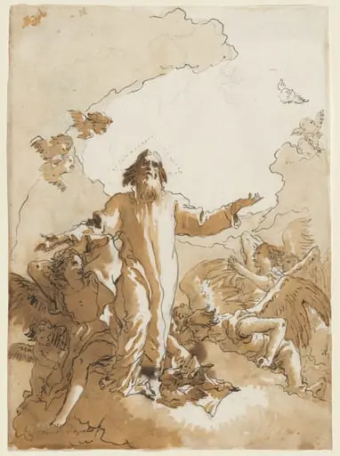 God the Father Standing in Clouds Surrounded by Angels and Putti, by Giovanni Domenico Tiepolo