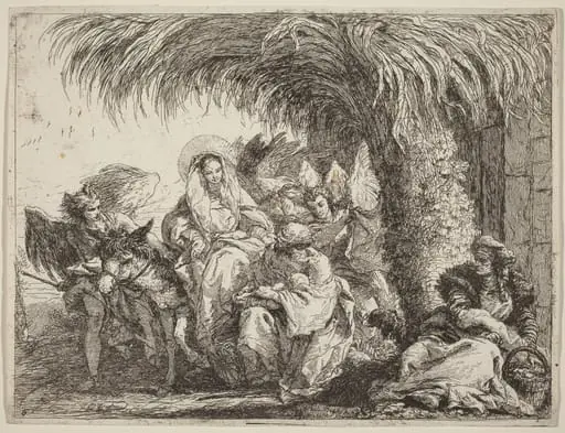 Joseph Kneels with the Child before Mary on the Donkey, by Giovanni Domenico Tiepolo