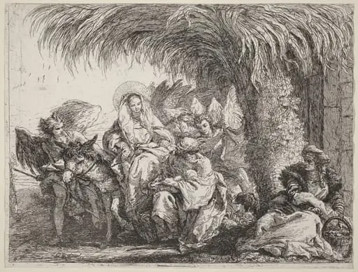 Joseph Kneels with the Child before Mary on the Donkey, by Giovanni Domenico Tiepolo