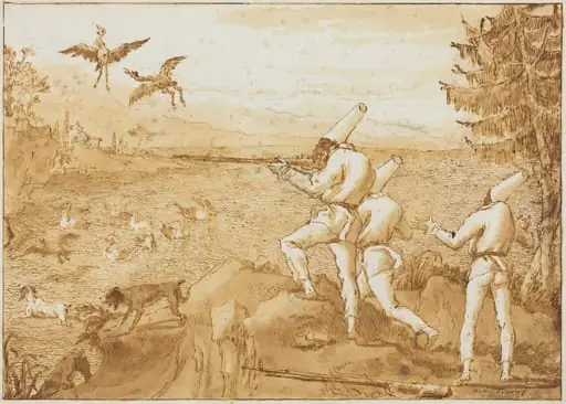 Punchinellos Hunting Waterfowl, by Giovanni Domenico Tiepolo