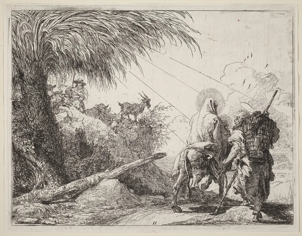 The Flight, Holy Family at the Right, Joseph Looking to the Left, by Giovanni Domenico Tiepolo, ink, 1753