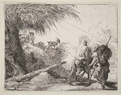 The Flight, Holy Family at the Right, Joseph Looking to the Left, by Giovanni Domenico Tiepolo