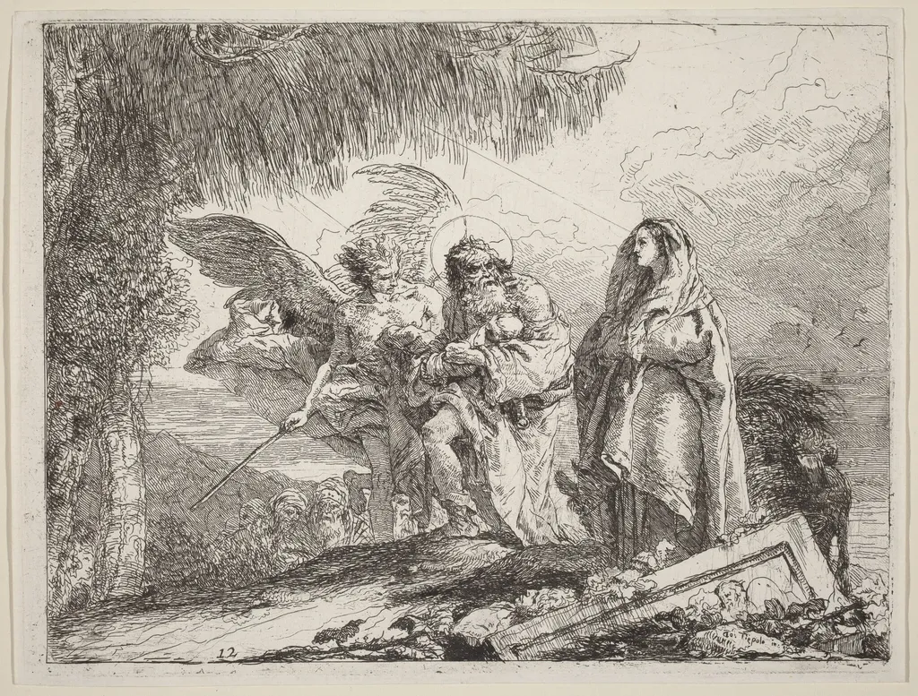 The Flight, Holy Family Walking with Angel, by Giovanni Domenico Tiepolo, ink, 1753