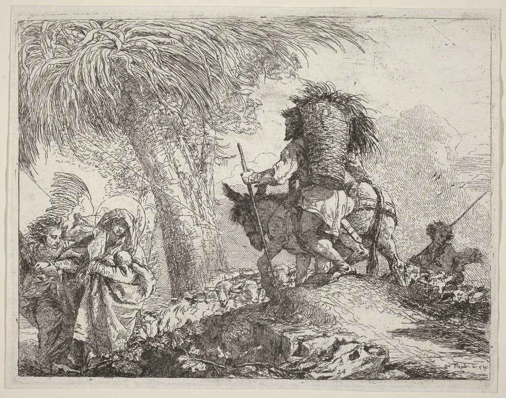 The Flight, Joseph at Right and Mary and Angel at Left, by Giovanni Domenico Tiepolo, ink, 1753