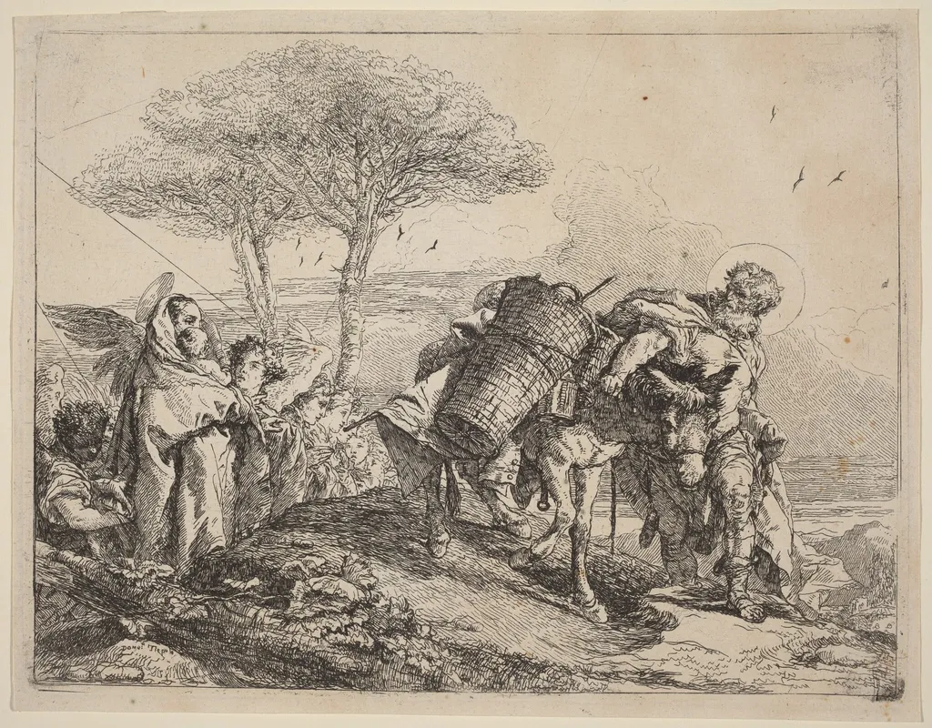 The Madonna and Child at Left, with a File of Angels, by Giovanni Domenico Tiepolo, ink, 1753