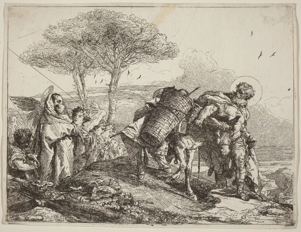 The Madonna and Child at Left, with a File of Angels, by Giovanni Domenico Tiepolo, ink, 1753