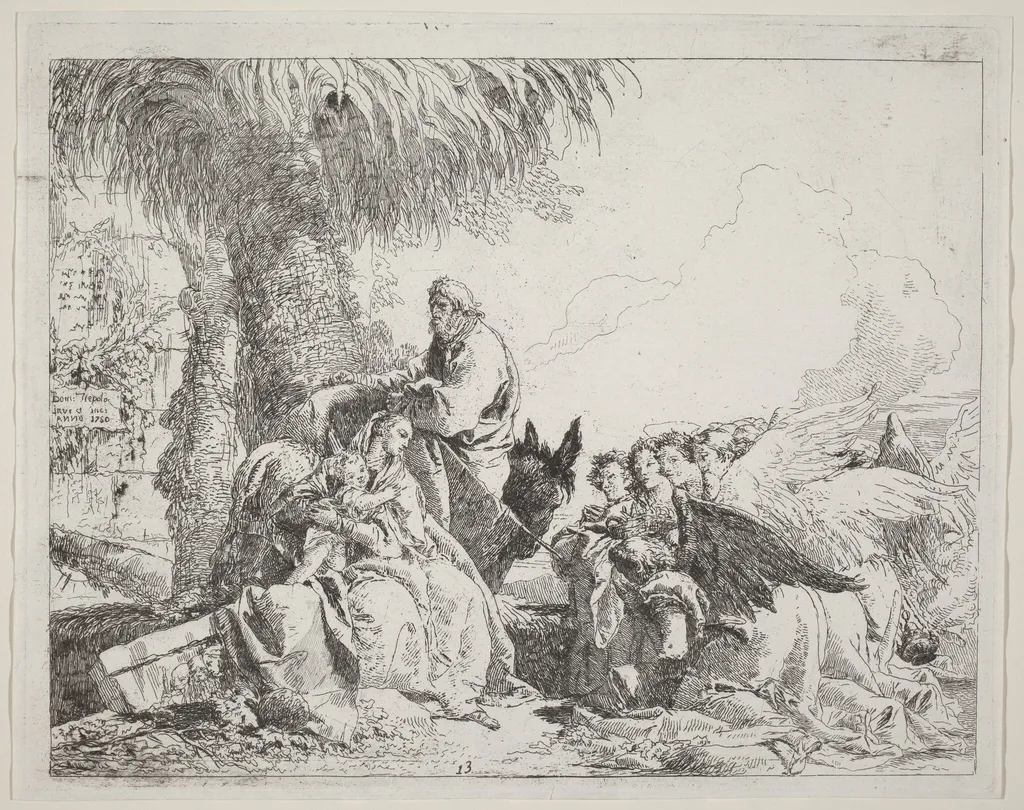 The Rest on the Flight, with Adoring Angels, by Giovanni Domenico Tiepolo, ink, 1750