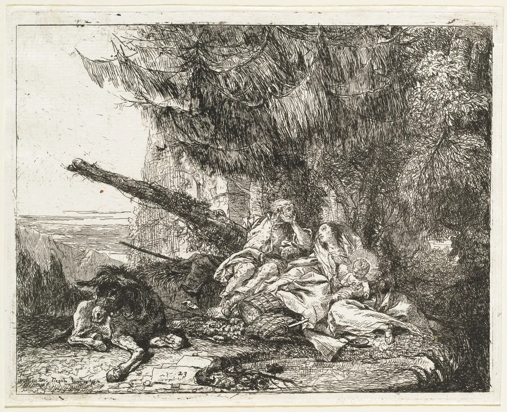 The Rest on the Flight, with Holy Family under a Tree, by Giovanni Domenico Tiepolo, ink, 1753