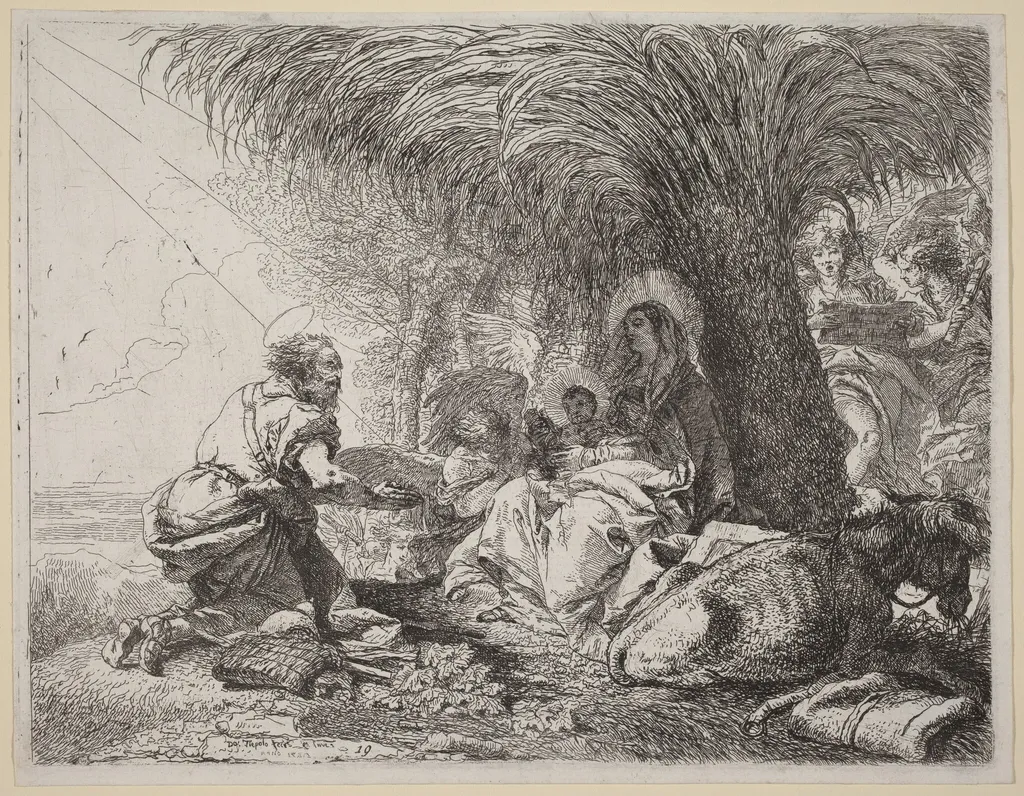 The Rest on the Flight with Joseph in Adoration, by Giovanni Domenico Tiepolo, ink, 1752