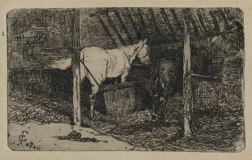Interior of a Stable with Horses (Interno di stalla con cavalli), by Giovanni Fattori