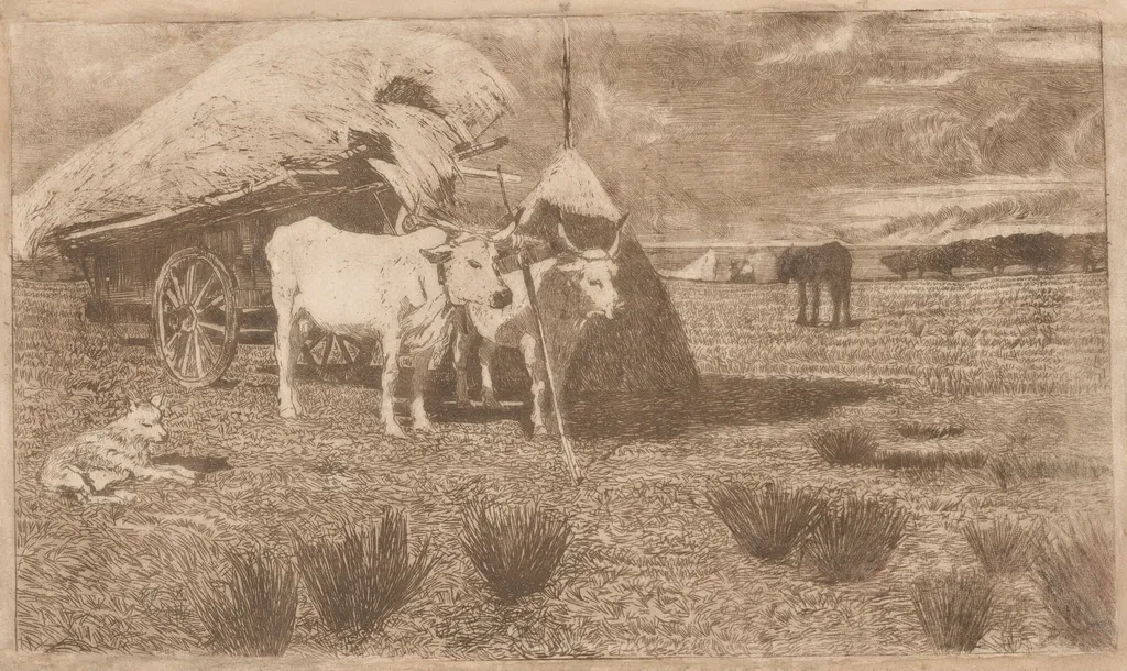 Oxen Yoked to a Cart (Maremma) (Bovi al carro (Maremma)), by Giovanni Fattori, chalk, 1886