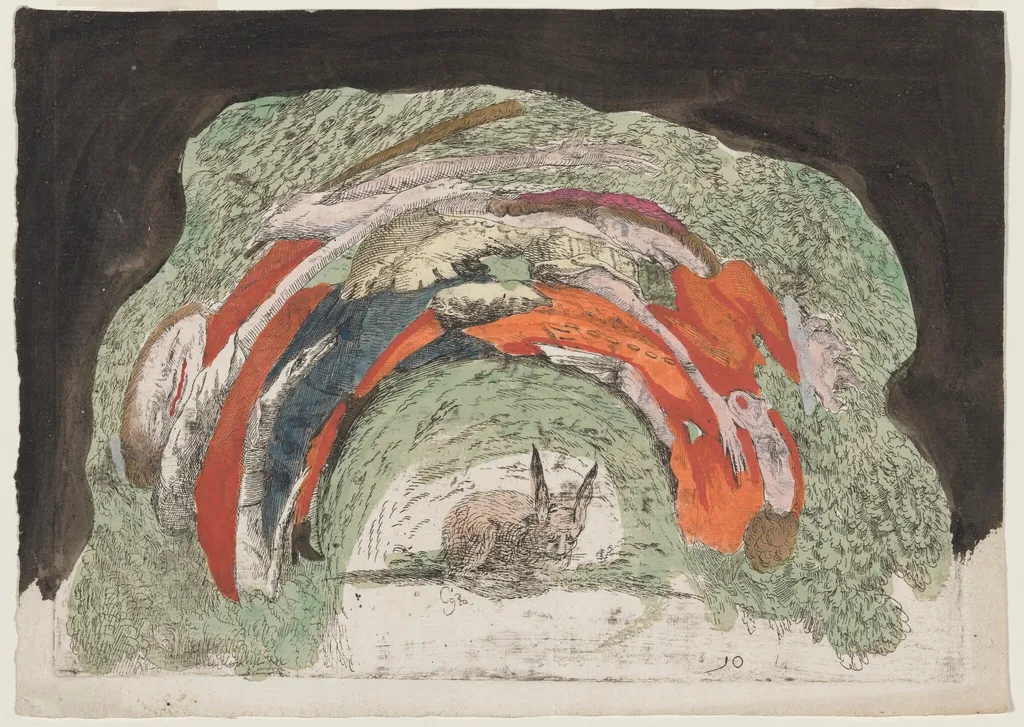 Rabbit and Two Fighting Men, by Giovanni Francesco Costa, watercolor, 1747