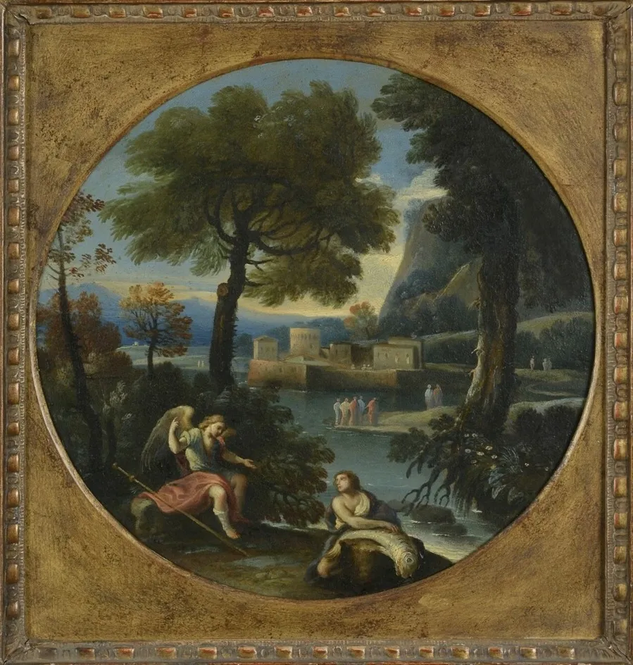 Landscape with Tobias and the Angel, by Giovanni Francesco Grimaldi, oil, 1653