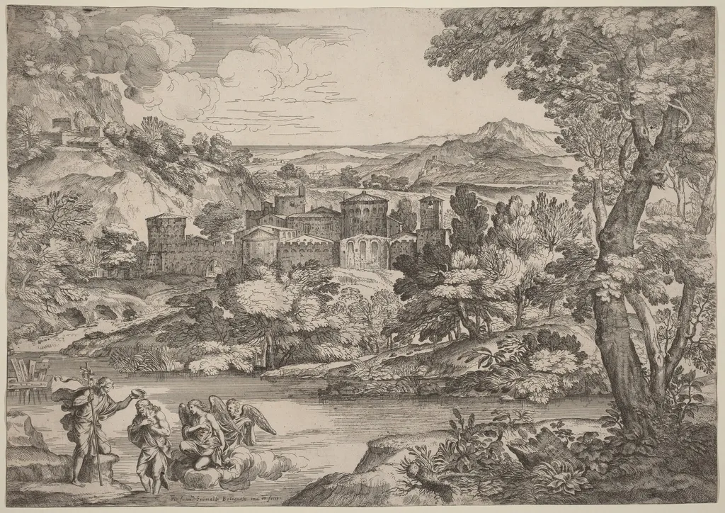 The Baptism of Christ, Set in a Mountainous Landscape, by Giovanni Francesco Grimaldi, ink, 1643