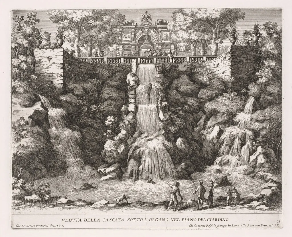 The Fountains of Rome (Le fontane di Roma), Book IV, plate 21: View of the Cascade below the Organ from the Garden (Veduta della Cascata Sotto L'Organo nel Piano del Giardino), by Giovanni Francesco Venturini, 1688