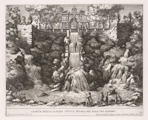 The Fountains of Rome (Le fontane di Roma), Book IV, plate 21: View of the Cascade below the Organ from the Garden (Veduta della Cascata Sotto L'Organo nel Piano del Giardino), by Giovanni Francesco Venturini