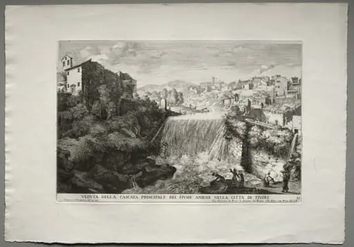 The Fountains of Rome (Le fontane di Roma), Book IV, plate 27: View of the Principal Cascade of the River Aniene in the City of Tivoli (Veduta della Cascata Principale del Fiume Aniene nelle citta di Tivoli), by Giovanni Francesco Venturini