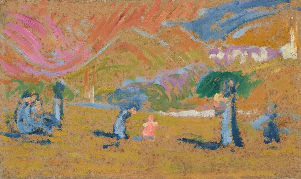 Herbstsonne. (Annetta mit Bruno, Ottilia und Kindern. Studie), by Giovanni Giacometti, oil, 1908